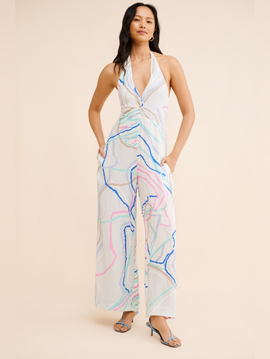 S/W/F Anthropologie White Halter Twisted Jumpsuit With Multicolor Swirl Size Xs